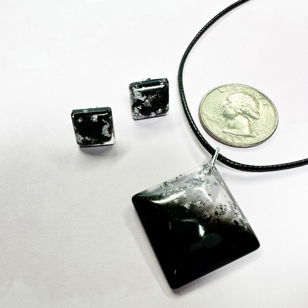 Matching Handmade Black and Floating Silver Specs Stud Earrings and Necklace Set